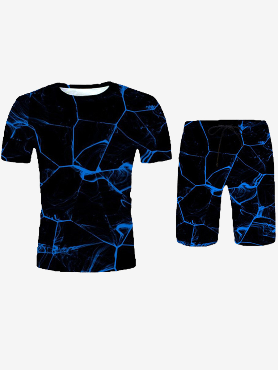 

Lovely Street Print Patchwork Drawstring Blue Men Two Piece Shorts Set