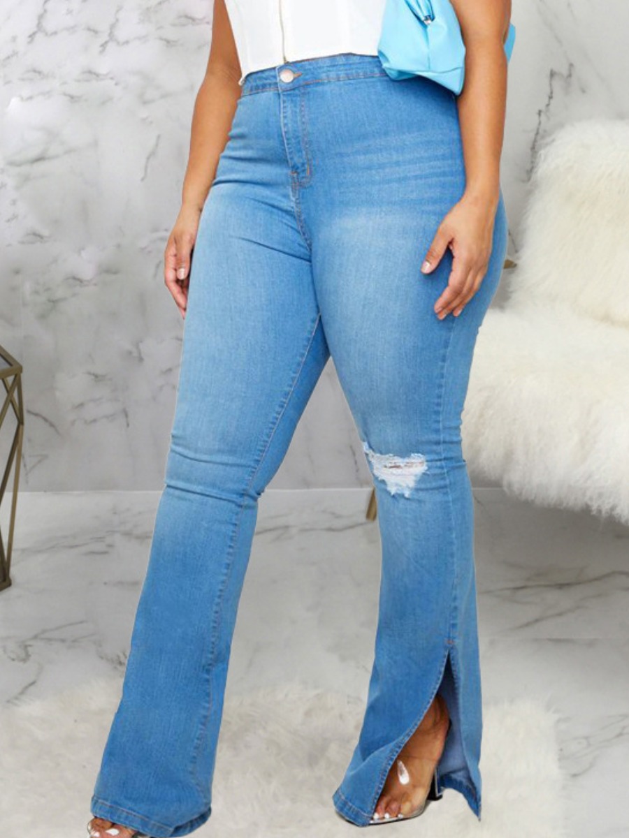 

Lovely Street High-waisted Split Blue Plus Size Jeans