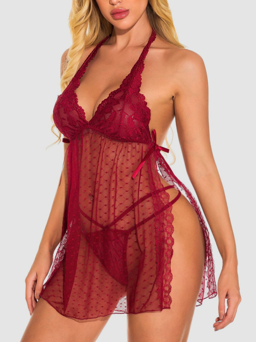 

Lovely Sexy Backless See-through Split Wine Red Babydoll