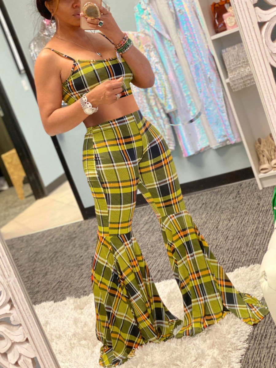 

Lovely Street Plaid Print Flared Flounce Design Yellow Two Piece Pants Set