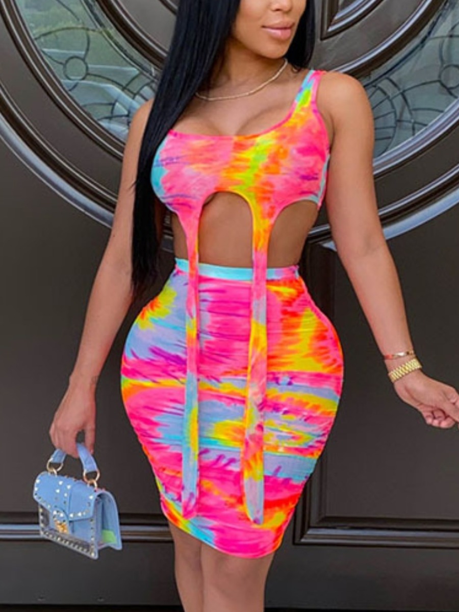 

LW Sexy Tie Dye Tassel Design Multicolor Two Piece Skirt Set, Multi