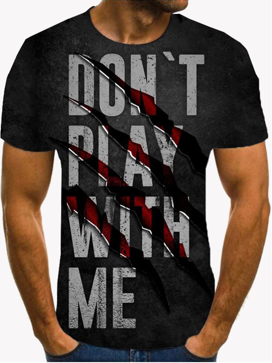 LovelyWholesale Street Letter Print Patchwork Black Men T-shirt Summer Short Sleeve Street Round Neck Spring Summer 2024