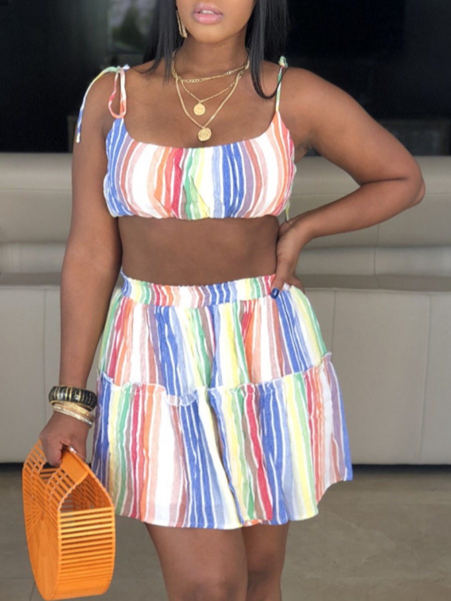 

Lovely Boho Striped Flounce Design Multicolor Two Piece Skirt Set, Multi
