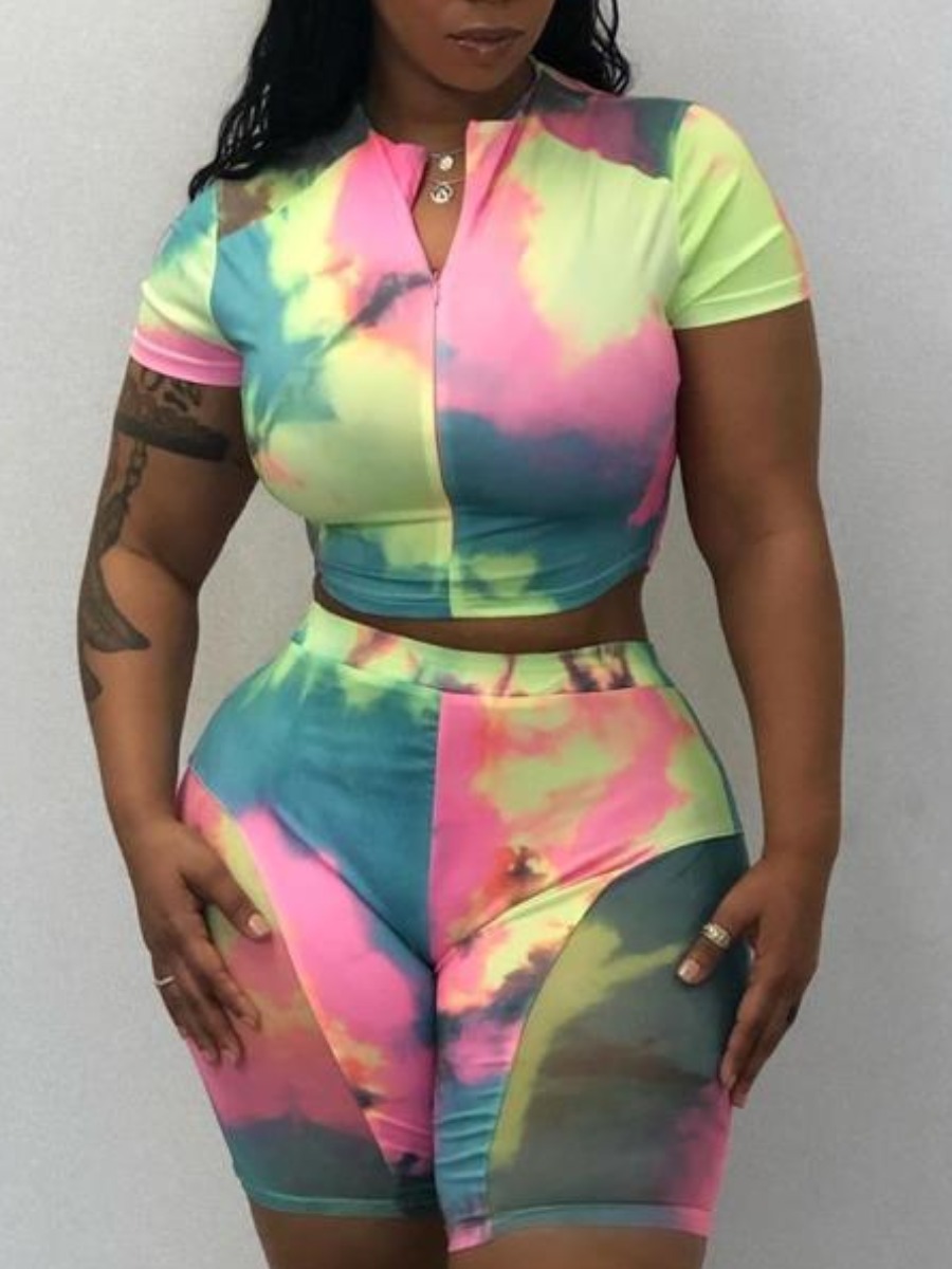 

Lovely Street Tie Dye Zipper Design Multicolor Two Piece Shorts Set, Multi