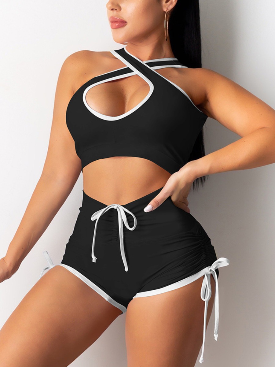 

Lovely Sporty Hollow-out Ruched Drawstring Black Two Piece Shorts Set