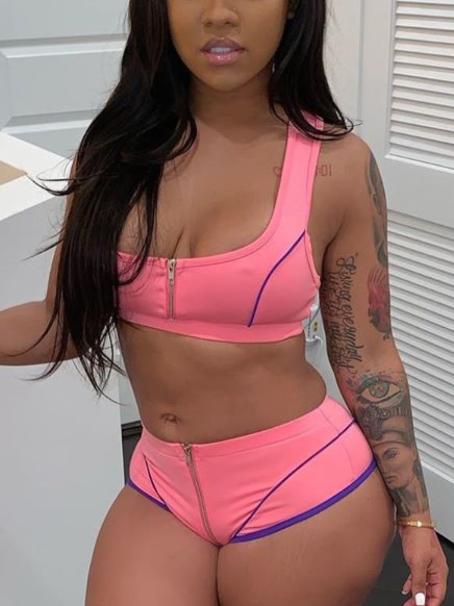 

Lovely Sporty U Neck Striped Zipper Design Pink Two Piece Shorts Set