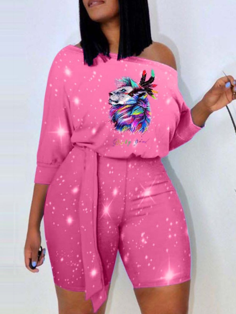 

LW Plus Size Casual Lion Print Bandage Design Pink Two-piece Shorts Set