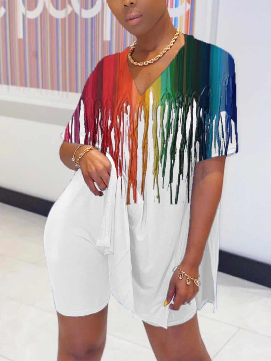 

Lovely Casual V Neck Graffiti Print White Two Piece Shorts Set