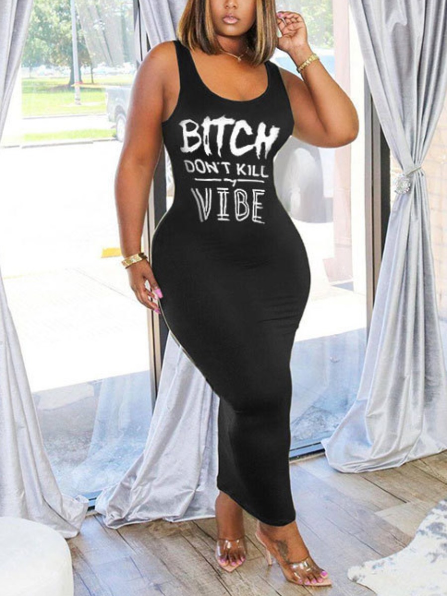 

LW Casual U Neck Letter Print Black Ankle Length Dress