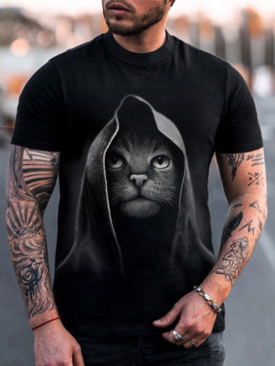 

Lovely Casual O Neck Cat Print Black Men T-shirt