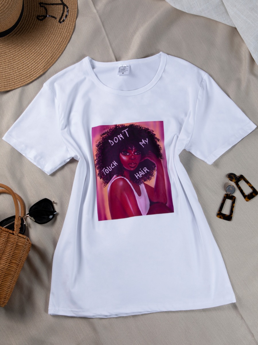 

Lovely Casual O Neck Portrait Print White T-shirt