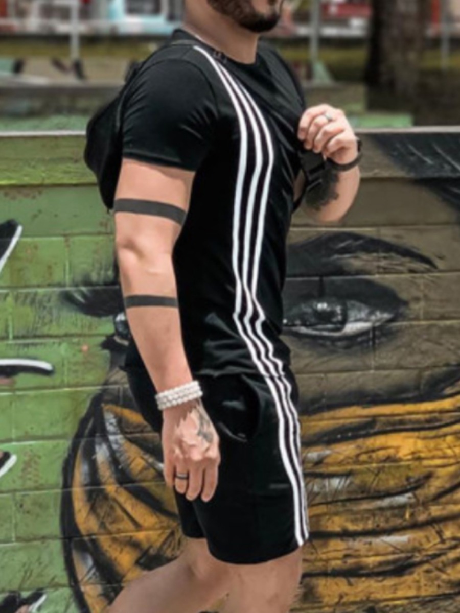 

Lovely Sporty O Neck Striped Black Men Two Piece Shorts Set