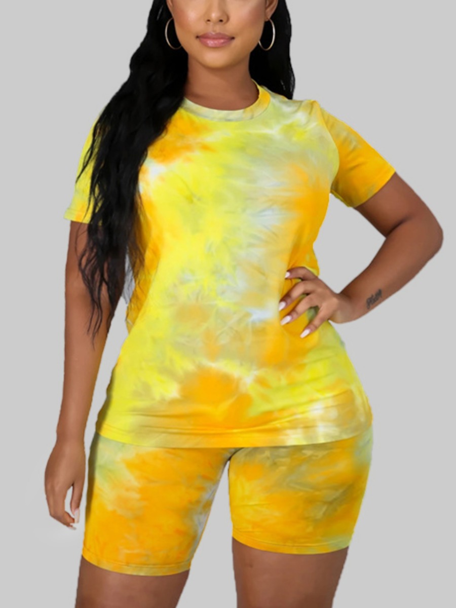 

Lovely Plus Size Trendy O Neck Tie-dye Light Yellow Two-piece Shorts Set