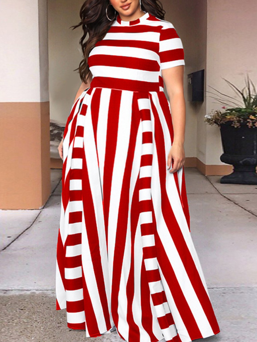 

Lovely Sweet Striped Patchwork Red Floor Length A Line Plus Size Dress