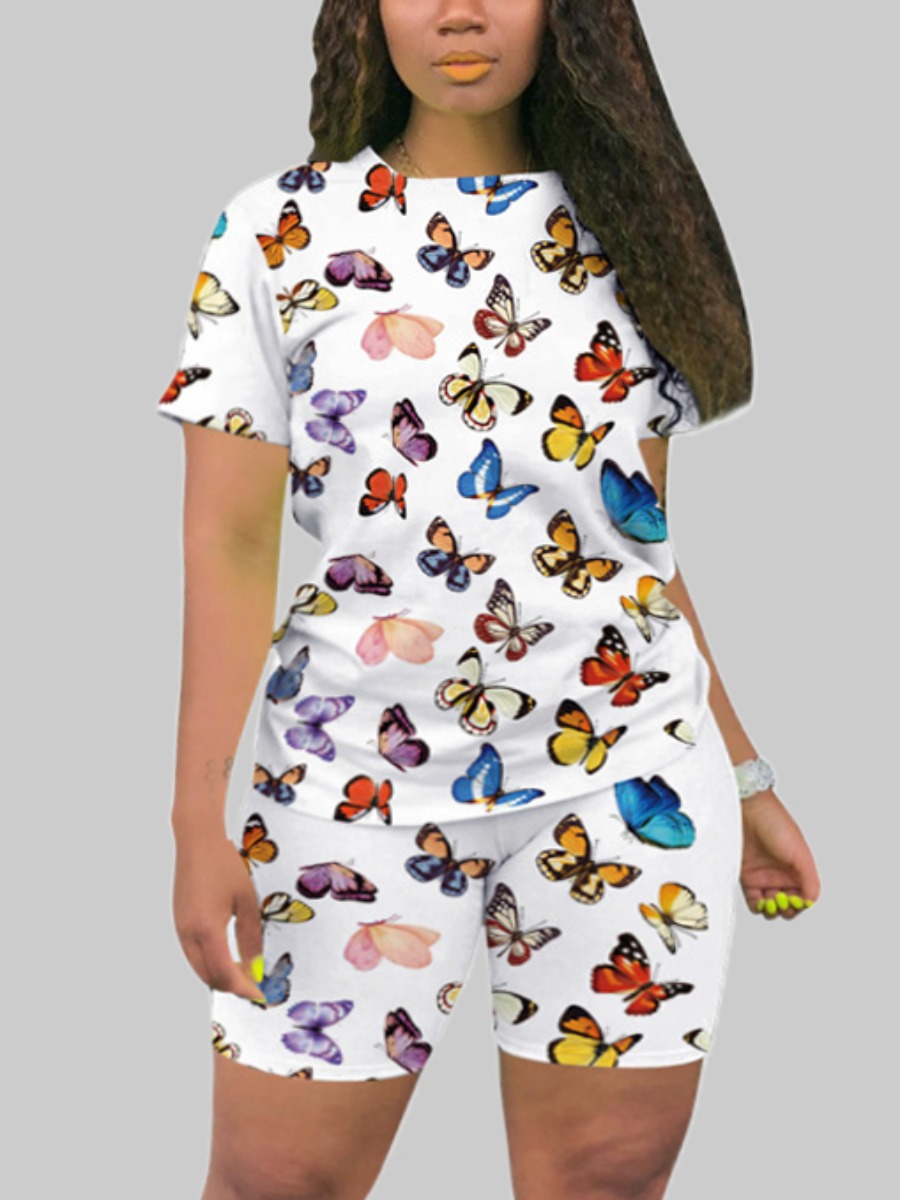 

Lovely Plus Size Street O Neck Butterfly Print White Two-piece Shorts Set