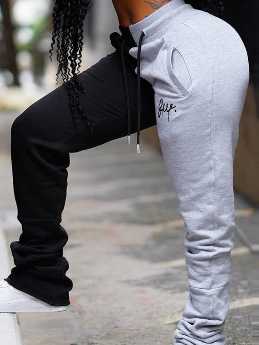 

LW Plus Size Casual Fold Design Drawstring Patchwork Grey Pants
