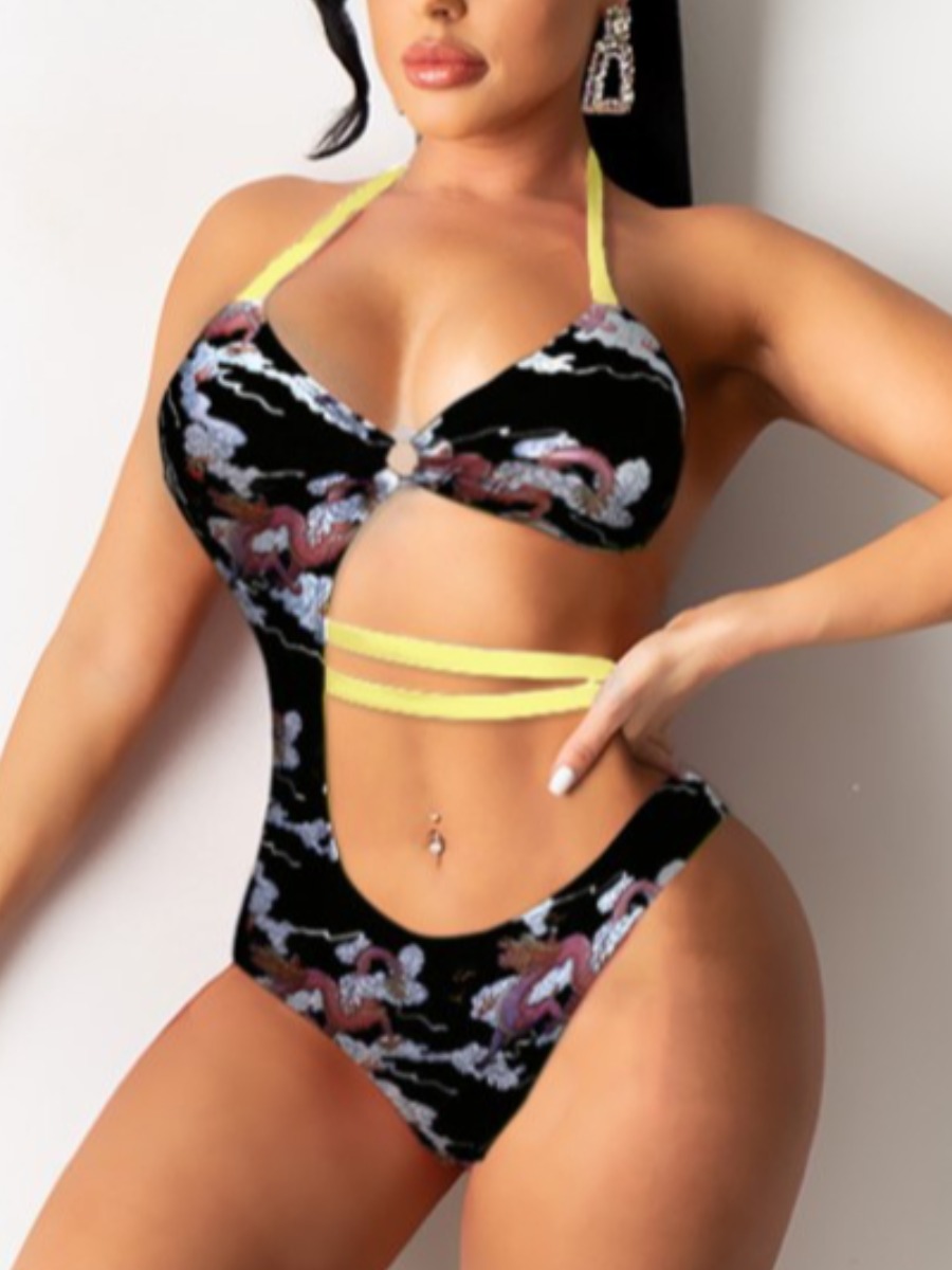 

Lovely Boho Print Cut Out Black One-piece Swimsuit