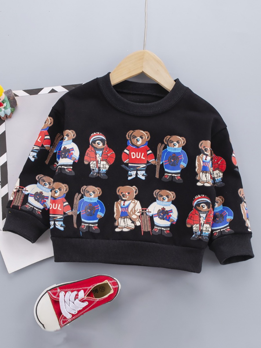 

Lovely Boy Street O Neck Cartoon Print Black Hoodie