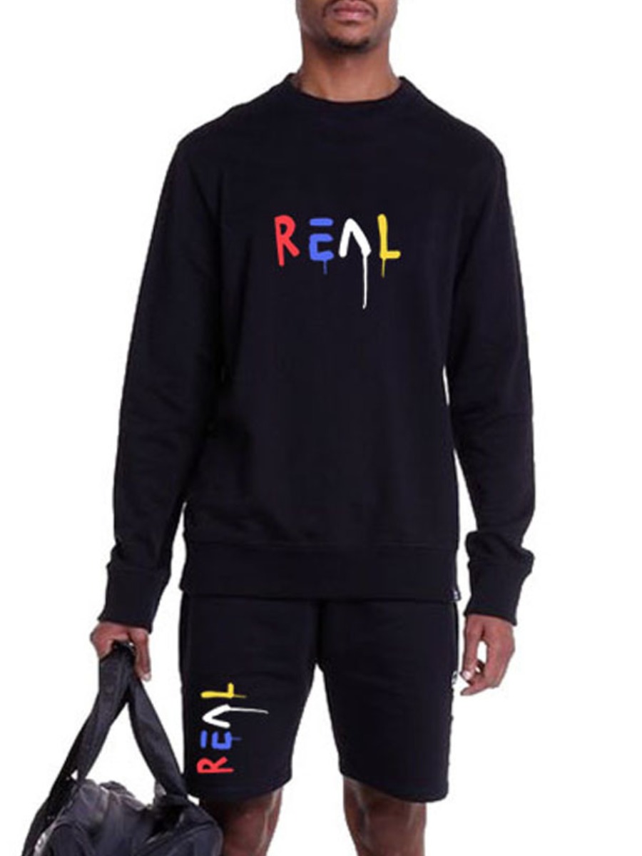 

Lovely Men Casual O Neck Letter Print Black Two Piece Shorts Set