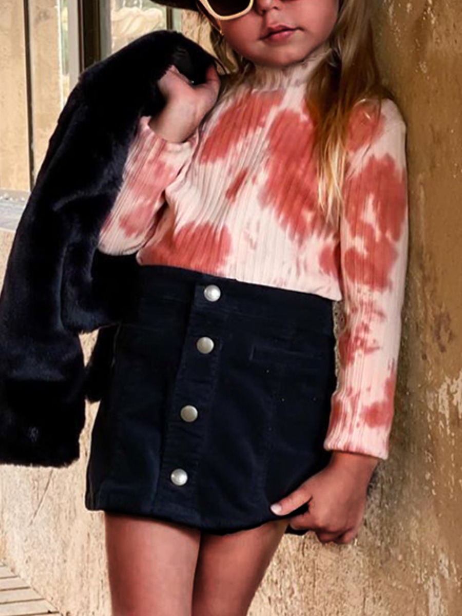

Lovely Girl Sweet Tie Dye Button Design Pink Two Piece Skirt Set