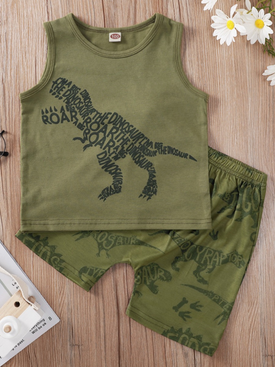 

Lovely Boy Casual O Neck Letter Print Green Two Piece Shorts Set