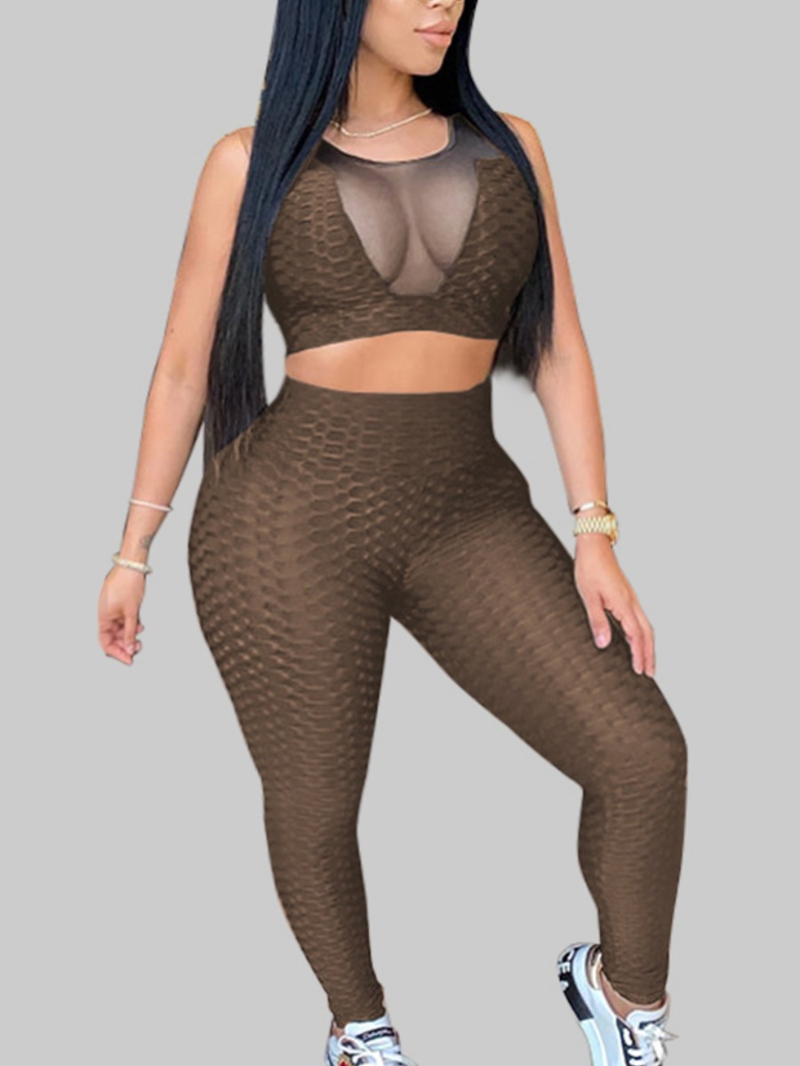 

Lovely Sporty See-through Elastic Khaki Plus Size Two-piece Pants Set