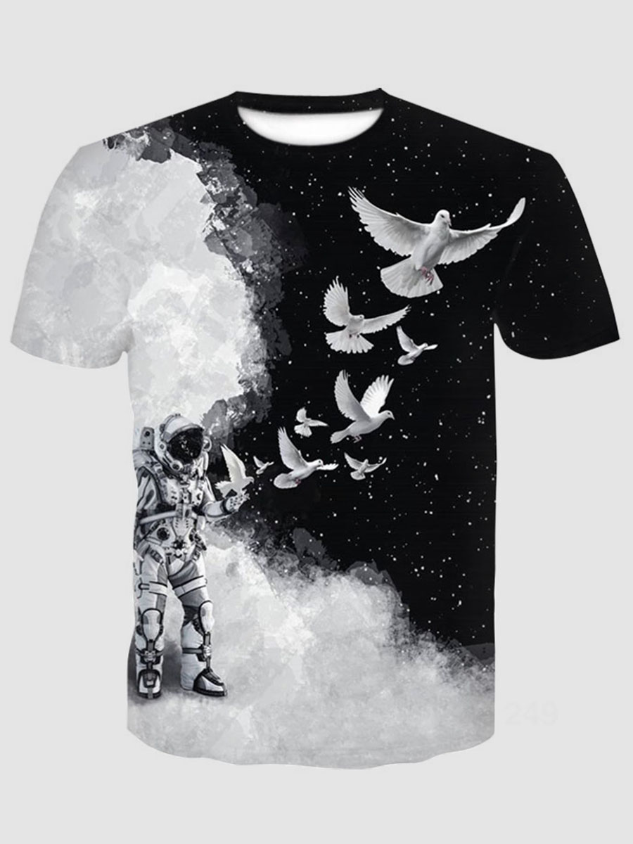 

Lovely Men Casual Bird Cloud Print Patchwork Black T-shirt