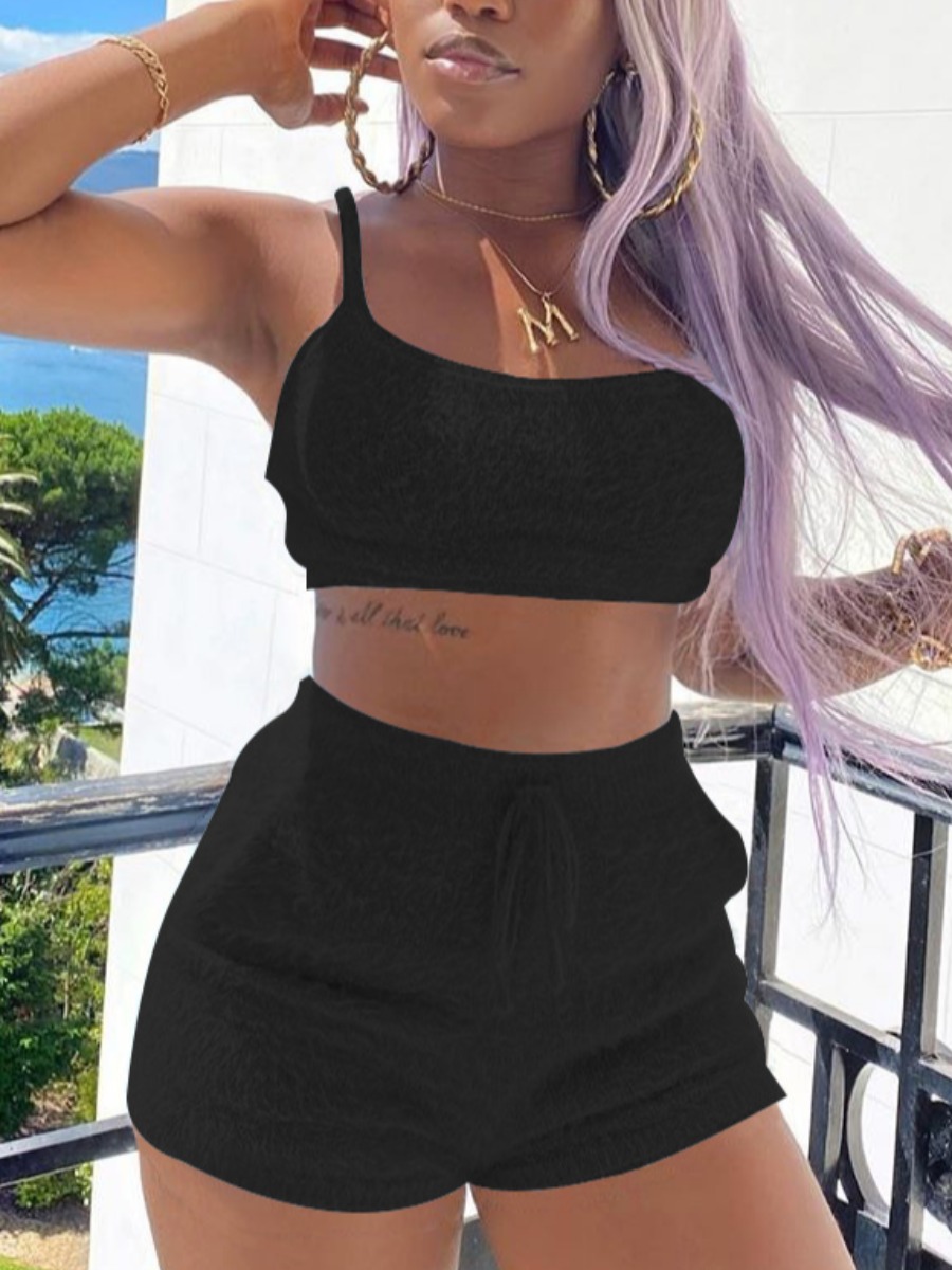 

Lovely Casual U Neck Drawstring Black Two Piece Shorts Set