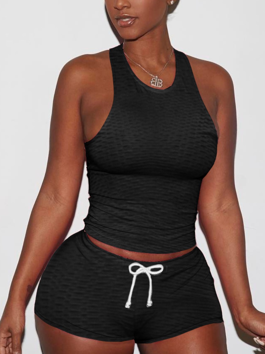 

Lovely Sporty O Neck Drawstring Black Two Piece Shorts Set