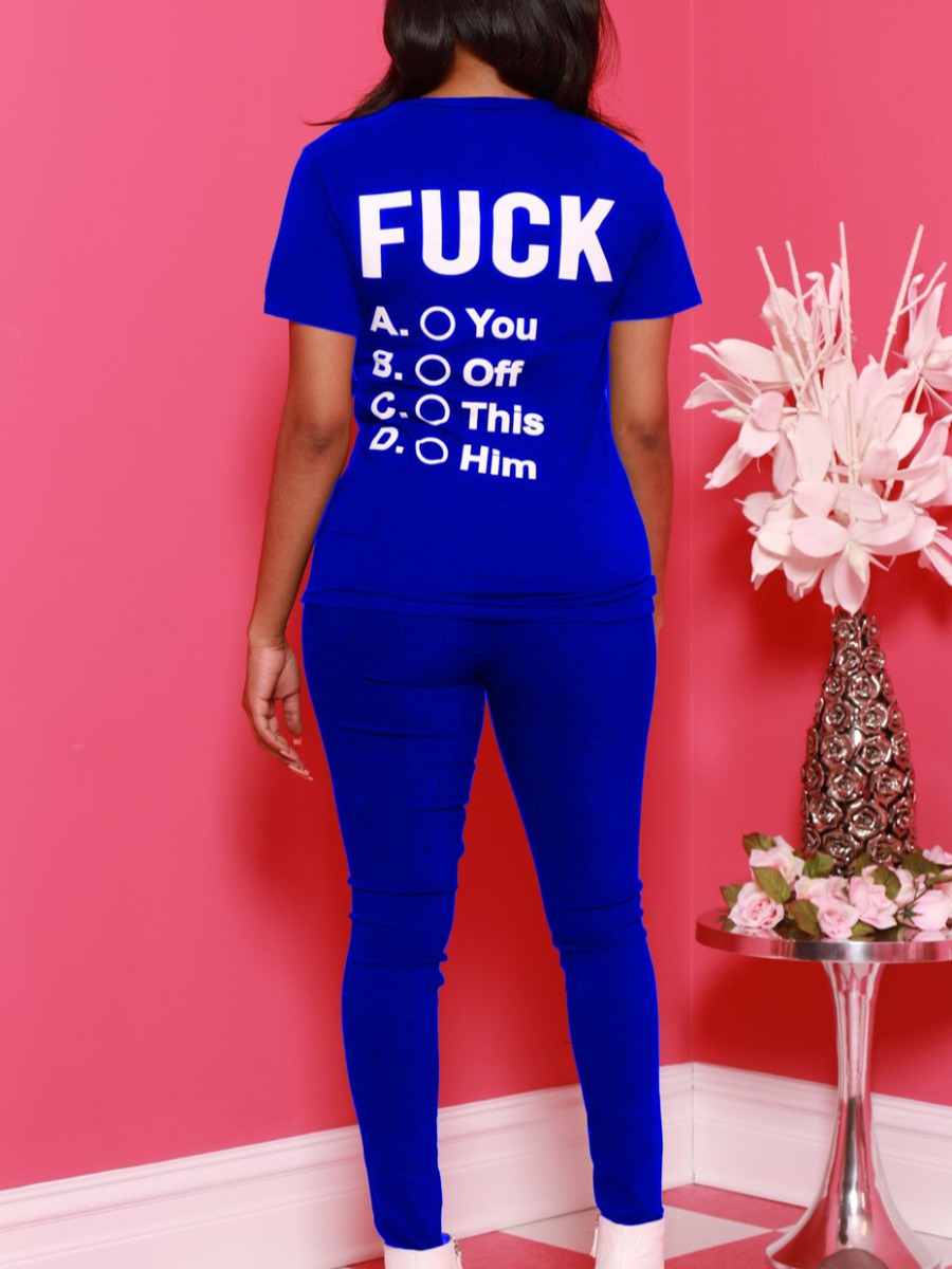 

Lovely Street O Neck Letter Print Blue Two Piece Pants Set