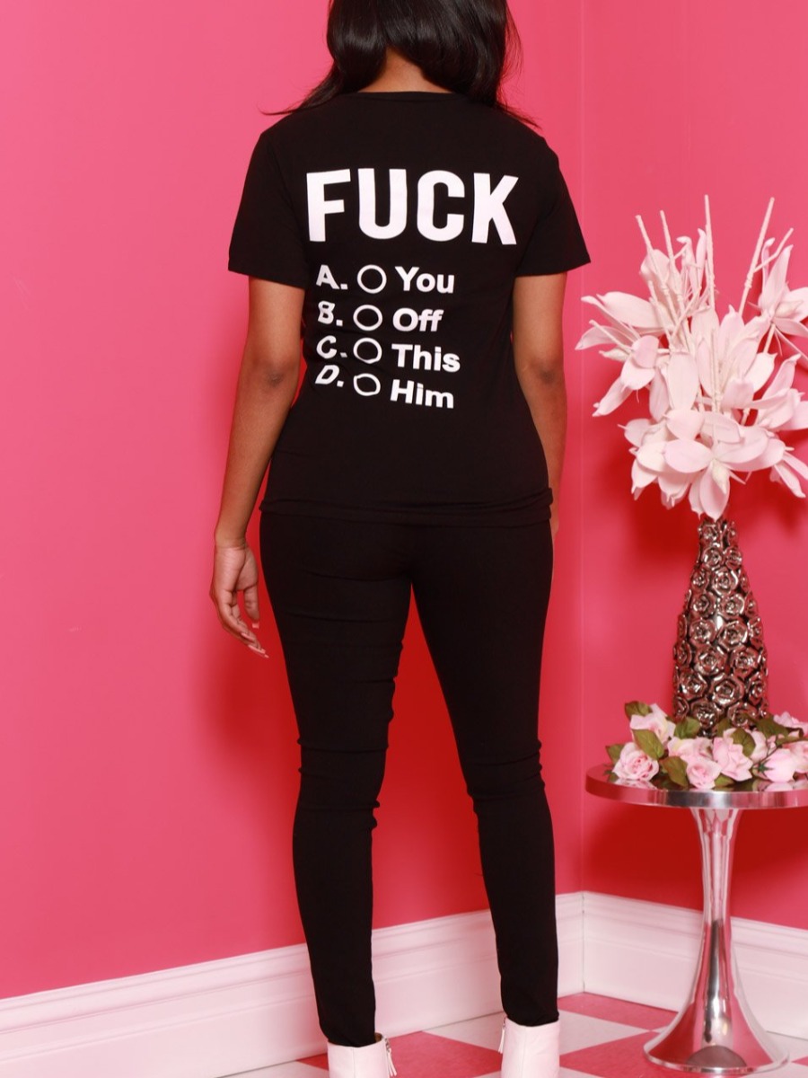 

Lovely Street O Neck Letter Print Black Two Piece Pants Set