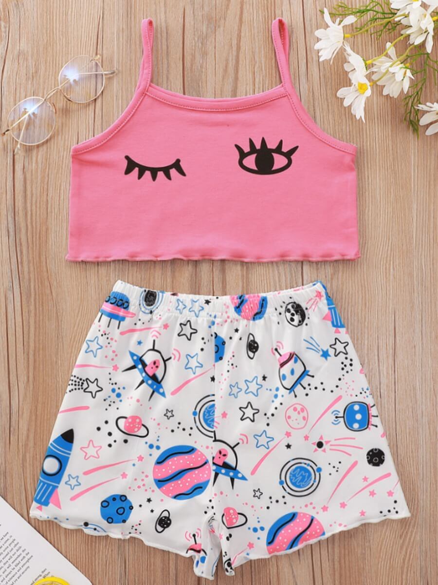 

Lovely Girl Sweet Cartoon Star Print Pink Two Piece Shorts Set