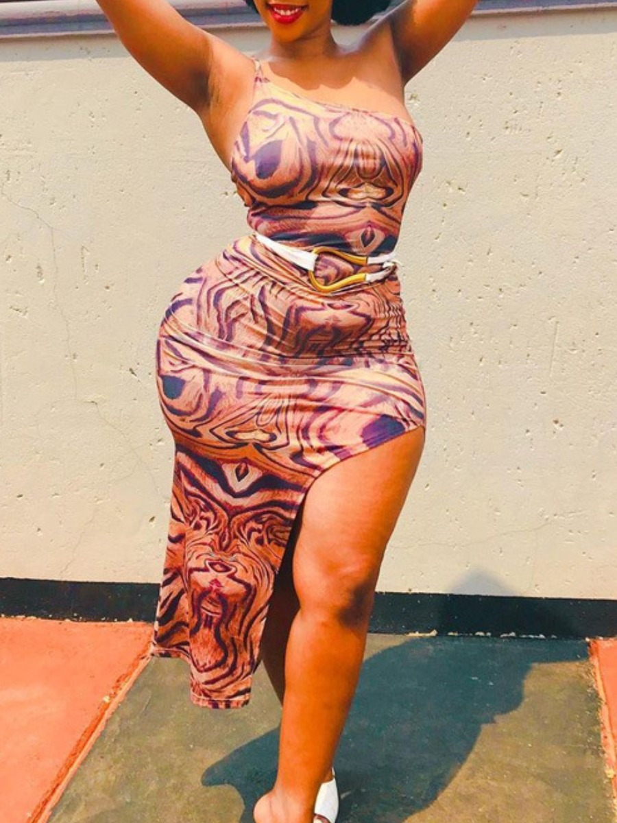 LW Plus Size Sweet One Shoulder Print Split Multicolor Mid Calf Dress