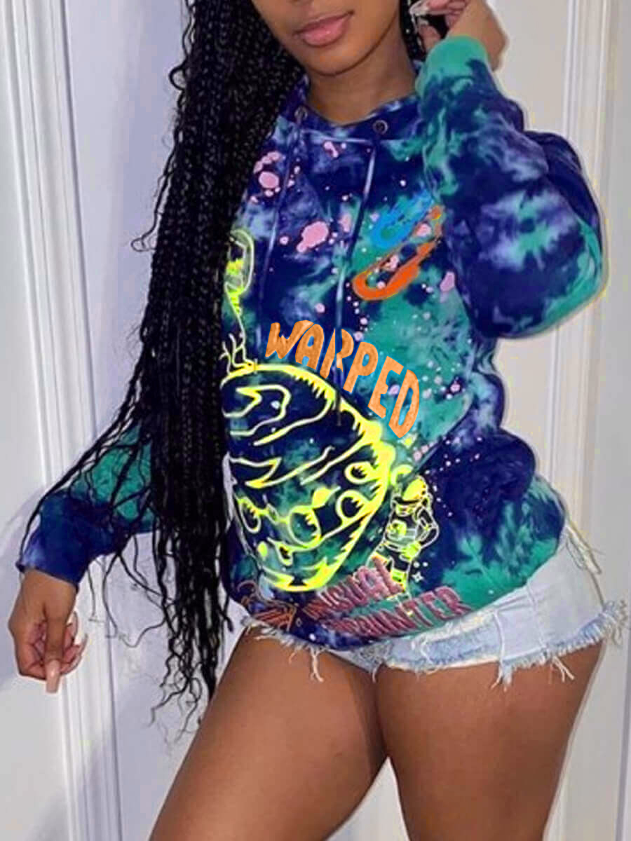 

LW Letter Print Tie-dye Hoodie, Blue