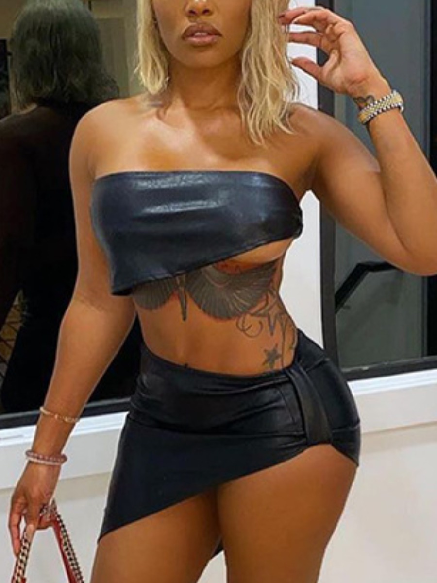 

Lovely Sexy Off The Shoulder Fold Design Asymmetrical Black Two Piece Skirt Set