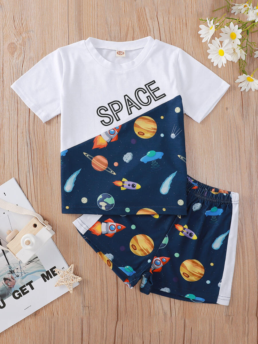 

Lovely Boy Casual Letter Cartoon Print White Two Piece Shorts Set