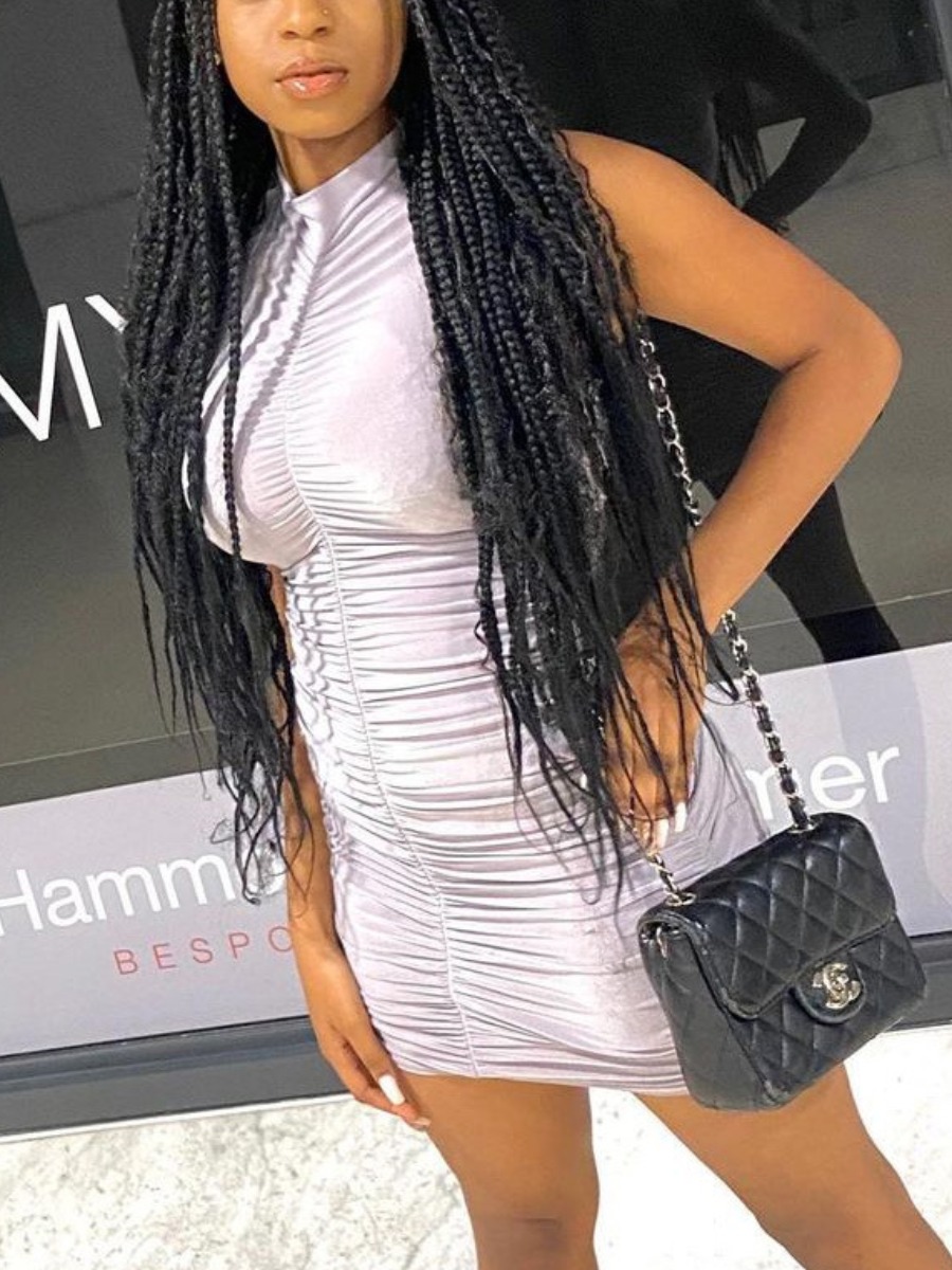 

Lovely Street Half A Turtleneck Ruched Light Grey Mini Dress