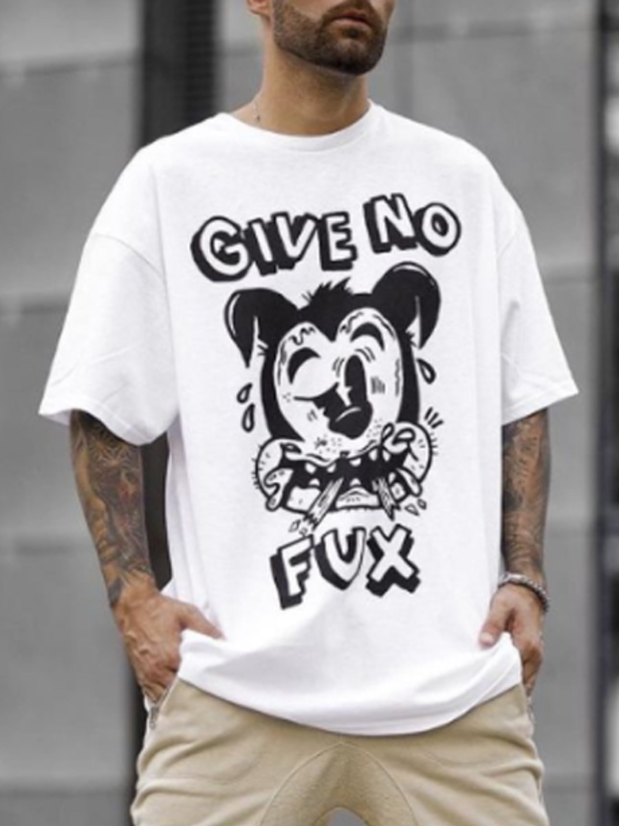 LW Men Casual Cartoon Letter Print White T-shirt
