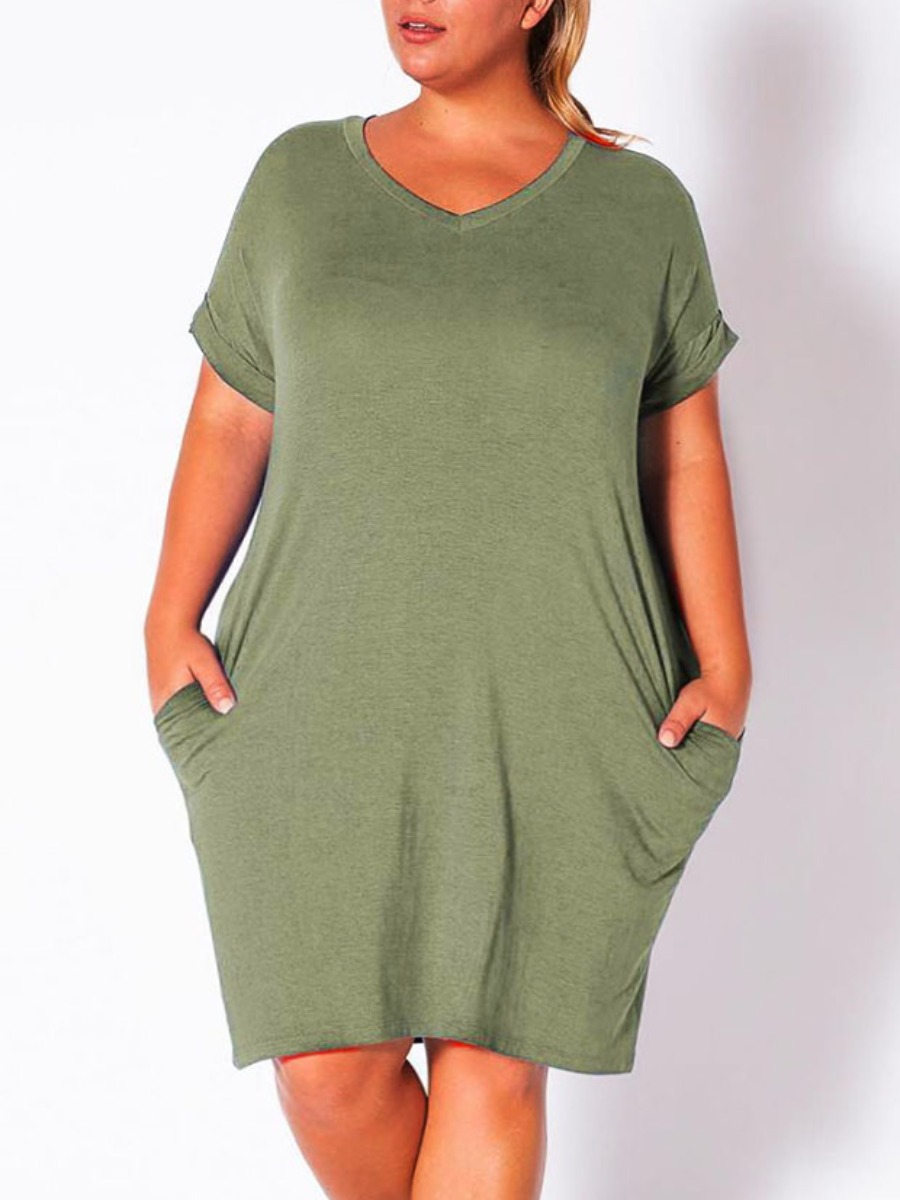 

Lovely Casual V Neck Pocket Design Army Green Knee Length Plus Size Dress