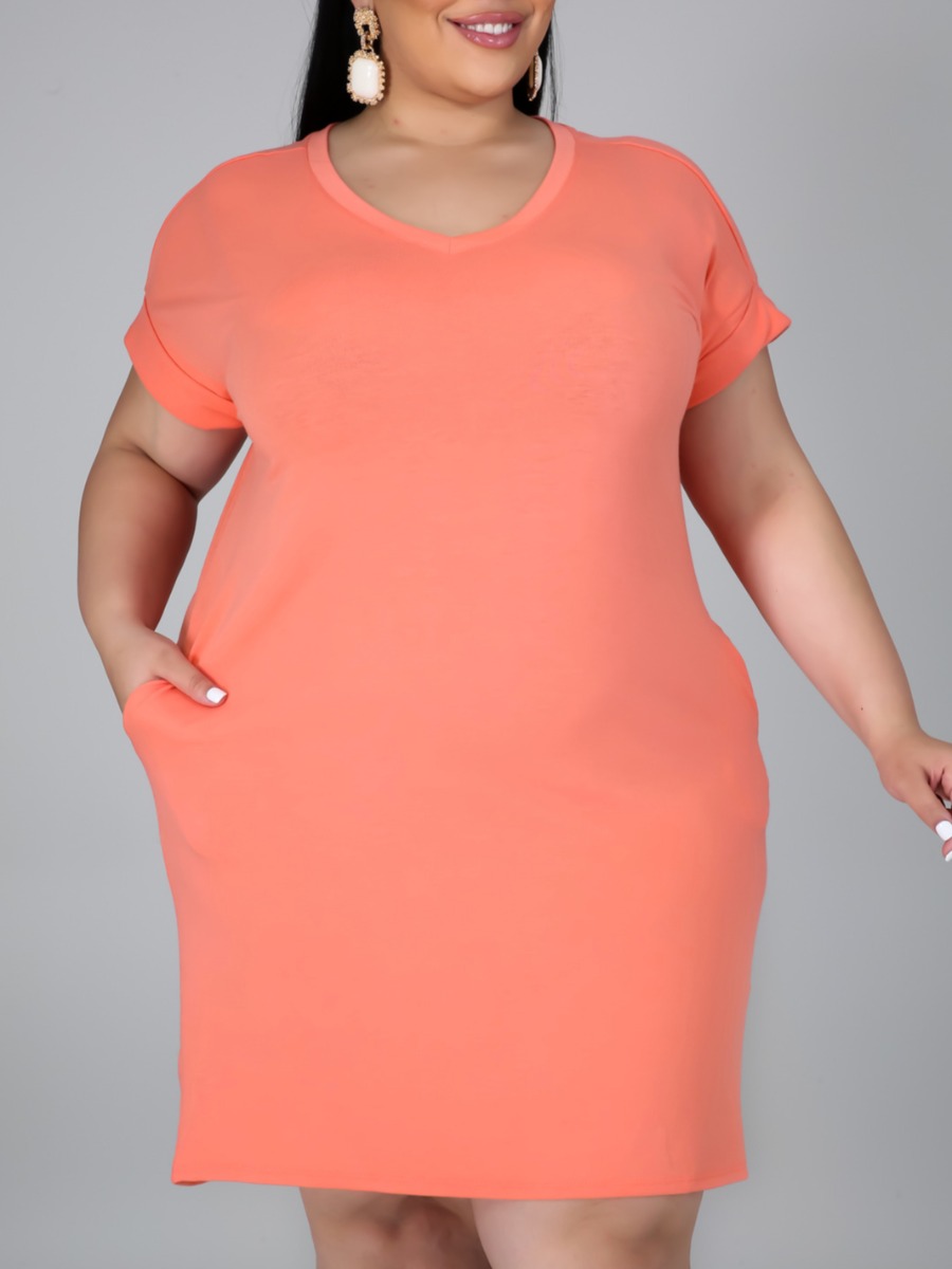 

Lovely Plus Size Casual V Neck Pocket Design Orange Knee Length Dress