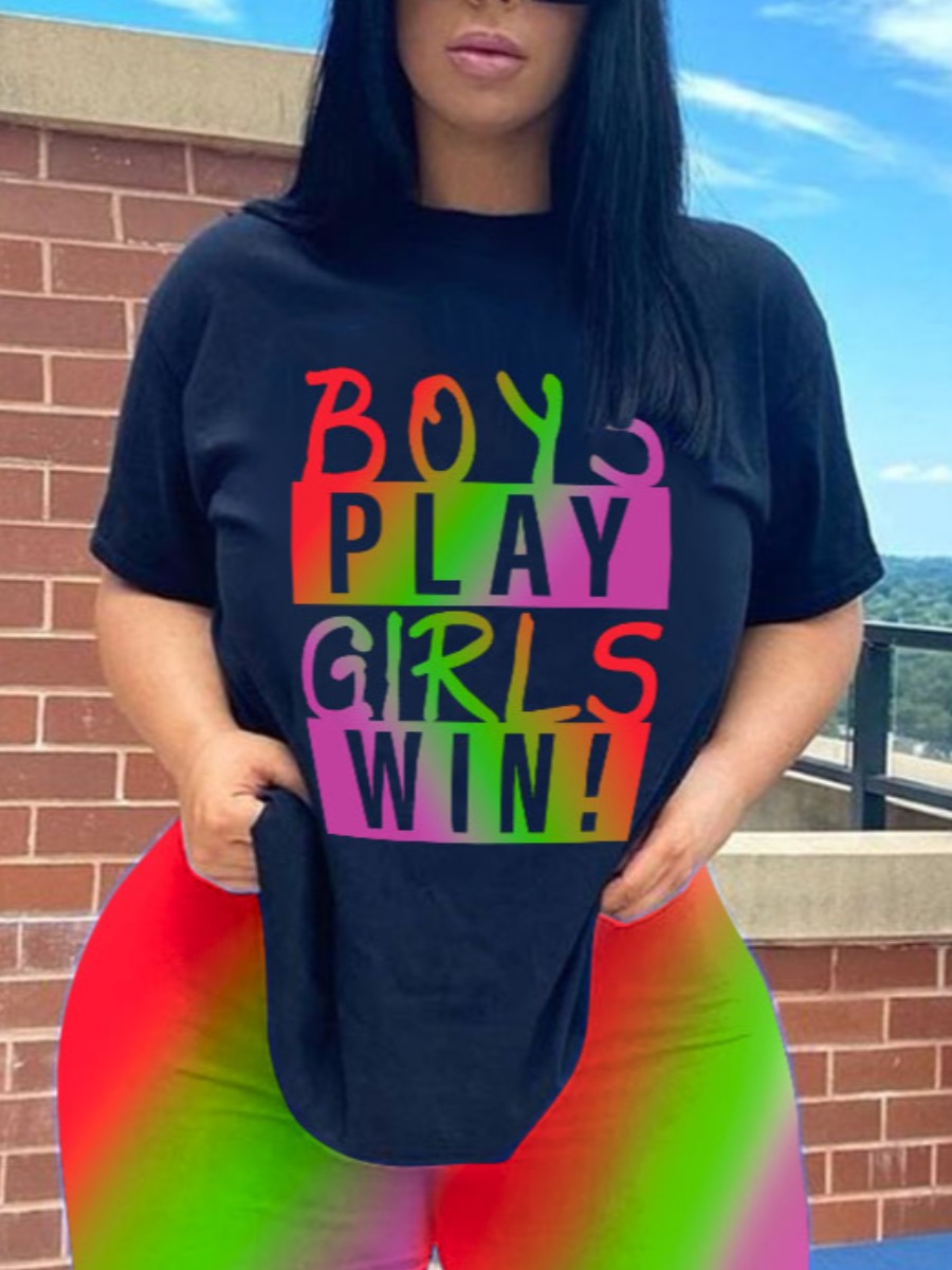 

Lovely Casual Letter Print Gradient Black Two Piece Shorts Set
