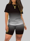 LW Plus Size Trendy O Neck Gradient Black Two-piece Shorts Set