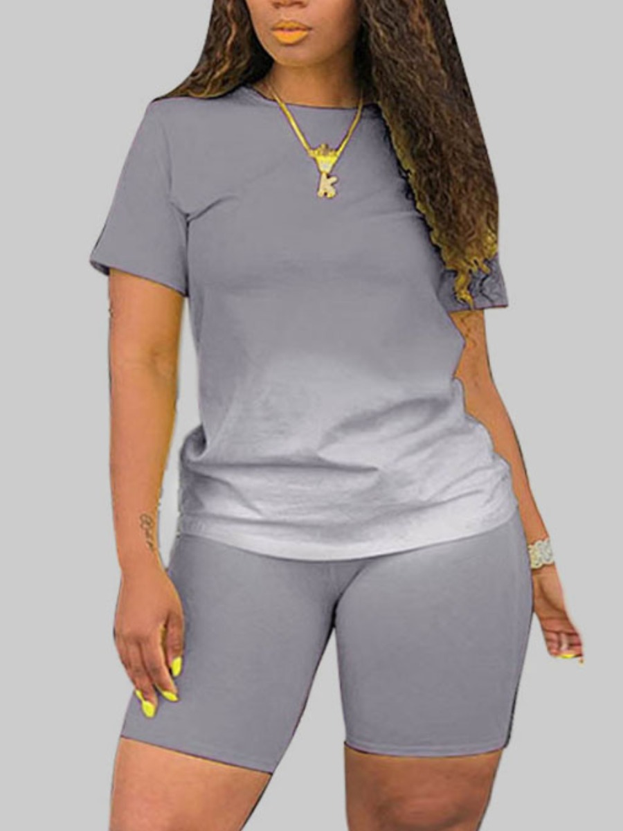 

Lovely Plus Size Trendy O Neck Gradient Grey Two-piece Shorts Set