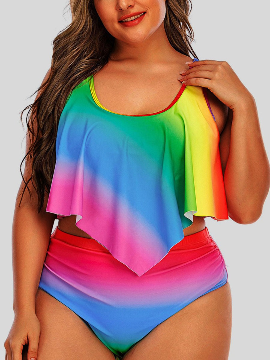 LW Plus Size Boho Gradient Asymmetrical Multicolor Tankini