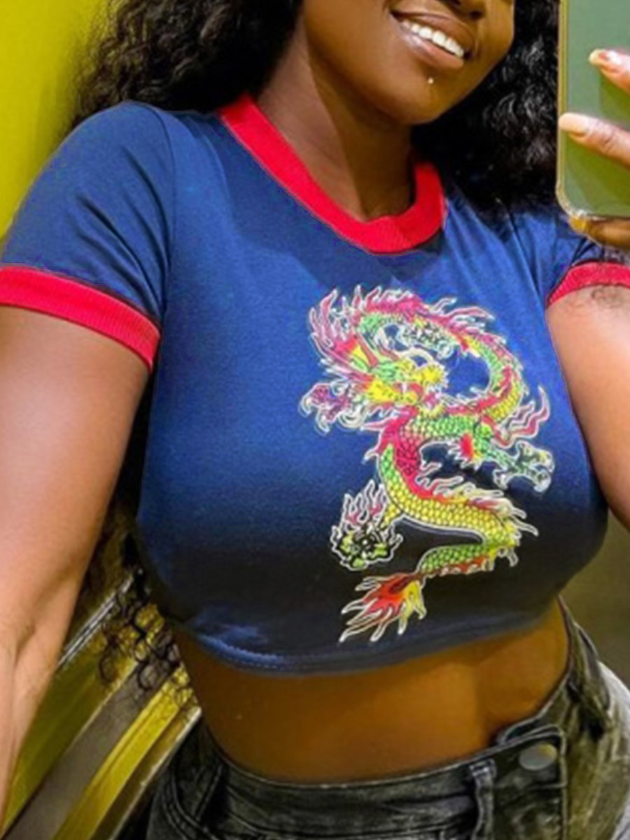 

Lovely Street O Neck Dragon Print Blue Plus Size T-shirt