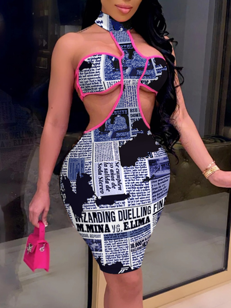 

Lovely Sexy Newspapaer Print Backless Blue Knee Length Dress