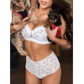 Lovely Sexy V Neck Floral White Bra Set