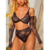 Lovely Sexy V Neck See-through Black Bra Set