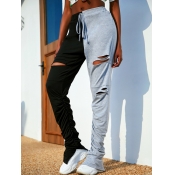 Lovely Sporty Patchwork Broken Holes Black Pants