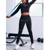 Lovely Sporty Turndown Collar Striped Black Two Pi